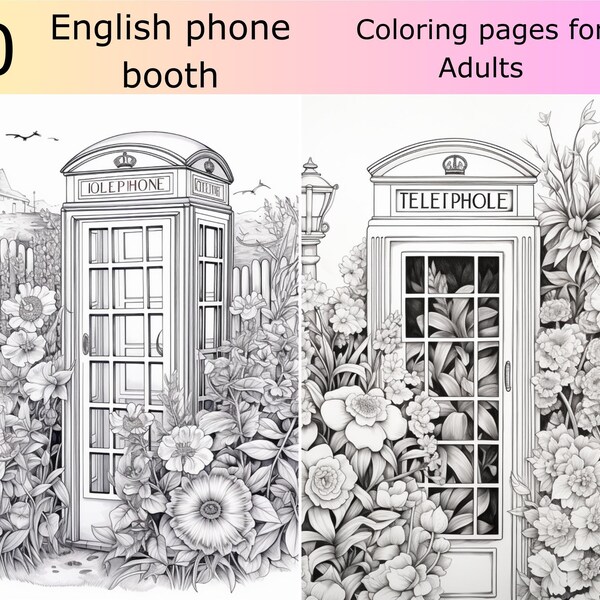 10 Greyscale English Phone Box printable coloring book, Printable Adult Coloring Pages, Greyscale Red Phone box image