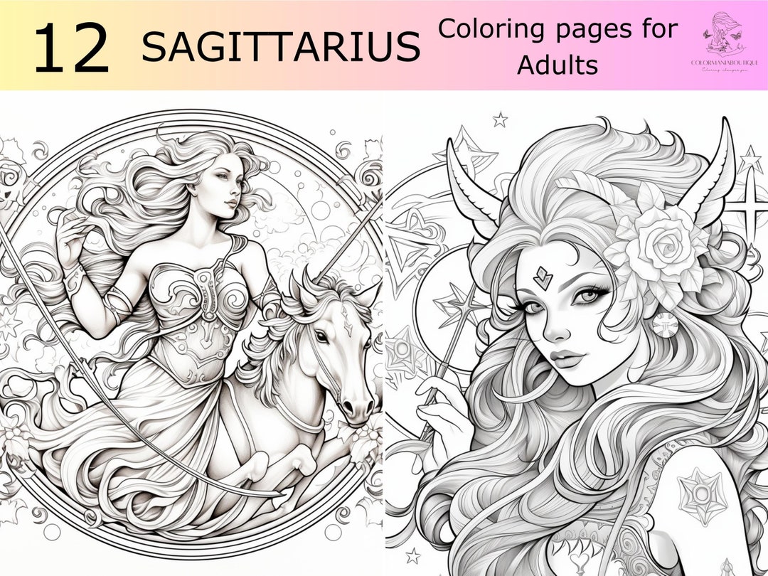 12 Greyscale Sagittarius Zodiac Sign Printable Coloring Book,printable