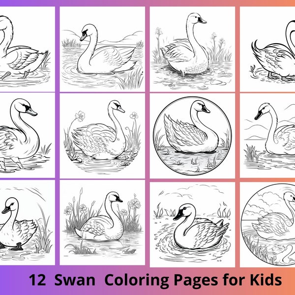 12 Swan printable coloring sheet for kids, Lake animals printable kids coloring pages, Swan books kids activity