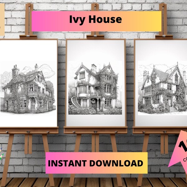 16 Greyscale Ivy house printable coloring book, Printable Adult Coloring Pages, Greyscale Ivy house Illustration