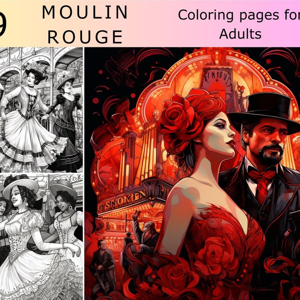 29 Mulin Rouge, Greyscale coloring book, Printable Adult Coloring Pages, Download Greyscale french cancan Illustration