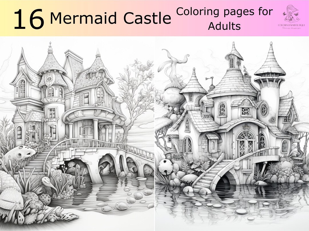 16 Greyscale Mermaid Castle Printable Coloring Book, Printable Adult ...