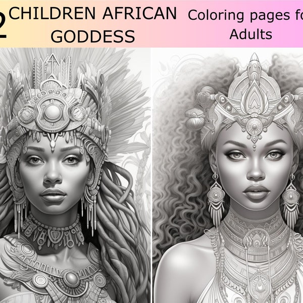 12 Greyscale Children African Goddess printable coloring book,Printable Adult Coloring Pages, Greyscale Illustration png