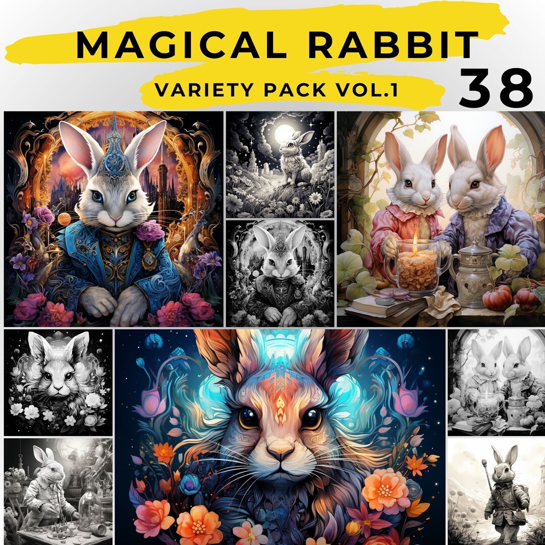 38 MAGICAL RABBIT Coloring Page Variety Pack,grayscale Designs for ...