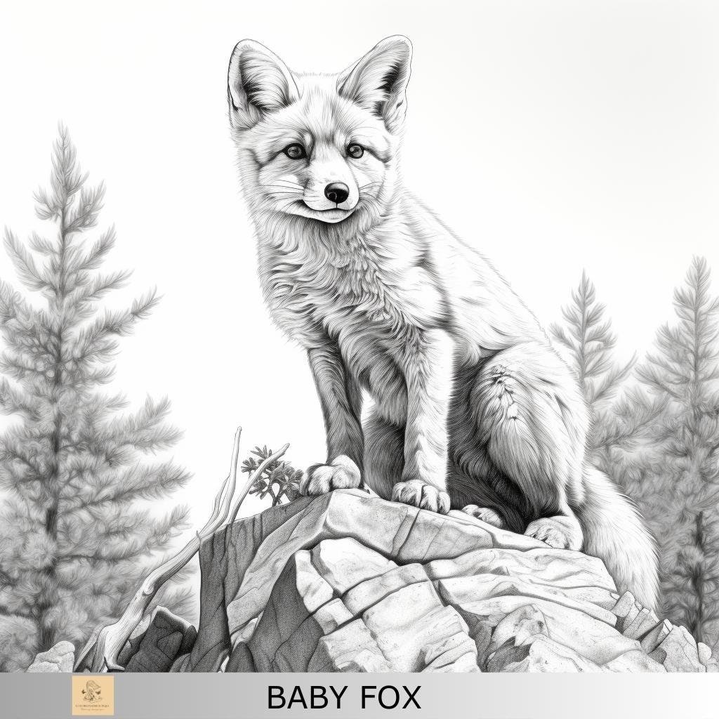 1 Greyscale Baby Fox Printable Coloring Page, Printable Adult Coloring