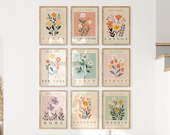 Set von 9 Blumenmarkt Postern | Botanische Drucke | Blumenmarkt Set | Benutzerdefinierte Wandkunst Set | Blumen Zeichnung Poster | Blumenmarkt Print
