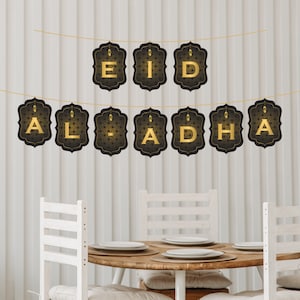 Eid Al Adha, Eid Mubarak and Ramadan Decor Bunting, Garland, Flag Banner Decoration Ornament, Eid Al - Fitr, Black.