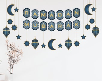 Ghirlanda decorativa Ramadan, bandierine, striscione con bandiera per ornamento decorativo. Ramadan Kareem. Eid Mubarak, lusso, elegante, blu.