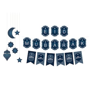 5 set of Blue Silver Ramadan Eid Mubarak Decor Bunting, Garland, Flag Banner Decoration Ornament, Eid Al-Fitr.