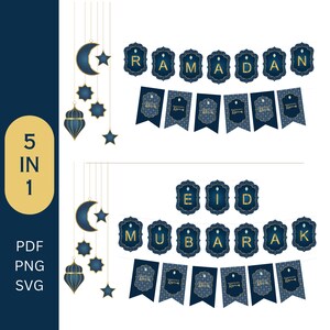 Ramadan Eid Mubarak Decor Bunting, Garland, Flag Banner Decoration Ornament, Eid Al-Fitr, Blue Gold.