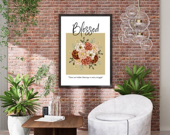 Agradecido, agradecido, bendecido - Arte mural floral / Citas inspiradoras imprimibles / Descarga digital para decoración del hogar