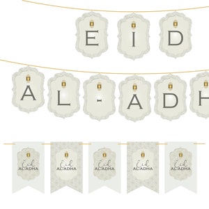 Elegant Eid Mubarak Bunting, Islamic Party Decor, Holiday Ornament, Ramadan Banner, White & Cream Gold