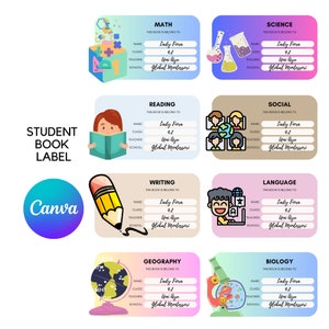 Student Book Label sticker with images representing each school subjects, Set of 24 Subject Icons - Editable