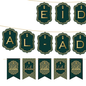 Eid Al Adha Bunting: Green & Gold Garland Decor (Digital Download)