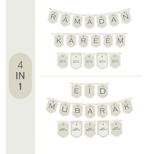 Ramadan and Eid Mubarak Decor Bunting, Garland, Flag Banner Decoration Ornament, Eid Al - Fitr, Eid Al - Adha. White, Cream.