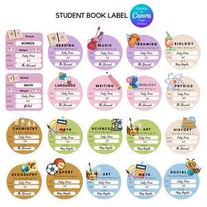 Student Book Label Sticker with images representing each school subjects, Personalized