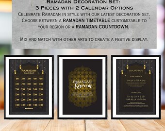 Ramadan Poster Decor Set of 3 Wall Art Suhoor Iftar Dua, Ramadan Calendar timetable, Ramadan Countdown Black
