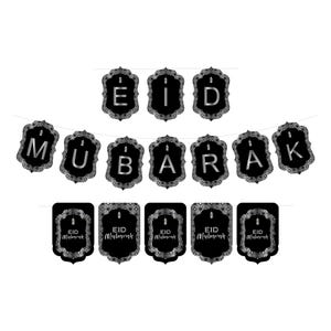 Ramadan Slinger Eid Mubarak Decor Bunting, Garland, Flag Banner Decoration Ornament, Eid Al-Fitr, Black Silver.