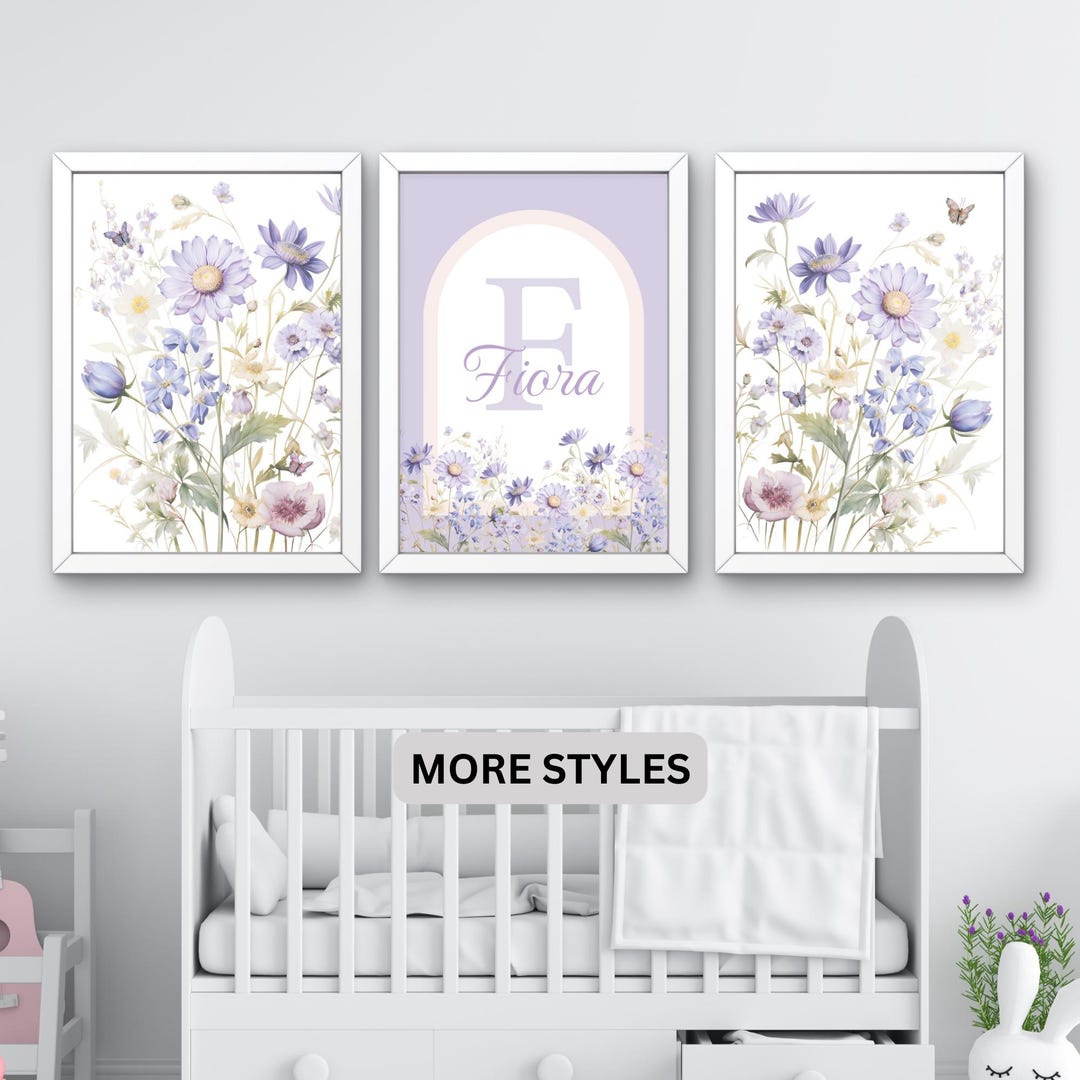 Floral Nursery Prints Set of 3, Custom Name Wall Art (digital Download ...