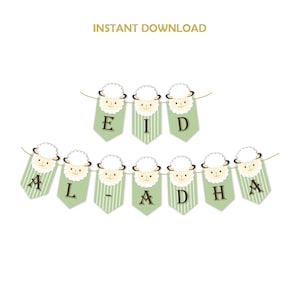 May include: Green and white printable banner with sheep faces and the words "Eid Al-Adha".