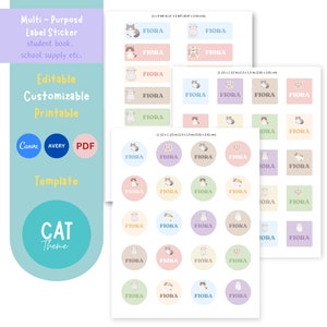Cute Cat Name Label Sticker School Supply, Name Sticker, Name tag. Avery Label Template.