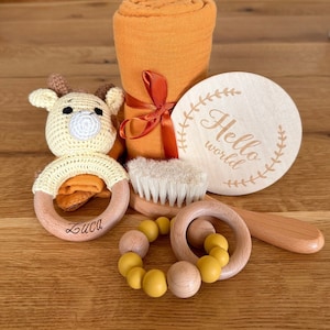 Personalisiertes Starterset Orange, Giraffe, Baby, Neugeborenen, Geburt, Geschenkebox