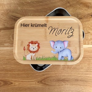 Personalisierte Brotbox Löwe+ Elefant, Schulanfang, Kinder, Lunchbox, Kindergarten, Geburtstagsgeschenk