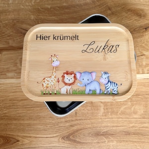 Personalisierte Brotbox Löwe+ Elefant+ Zebra+ Giraffe, Schulanfang, Kinder, Lunchbox, Kindergarten, Geburtstagsgeschenk