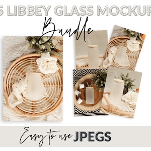 May include: Five mockup images of clear glass tumblers with straws, set against a backdrop of natural textures like woven wicker, fabric, and greenery. The text "5 LIBBEY GLASS MOCKUP Bundle" appears at the top of the image, and "Easy to use JPEGs" appears at the bottom.