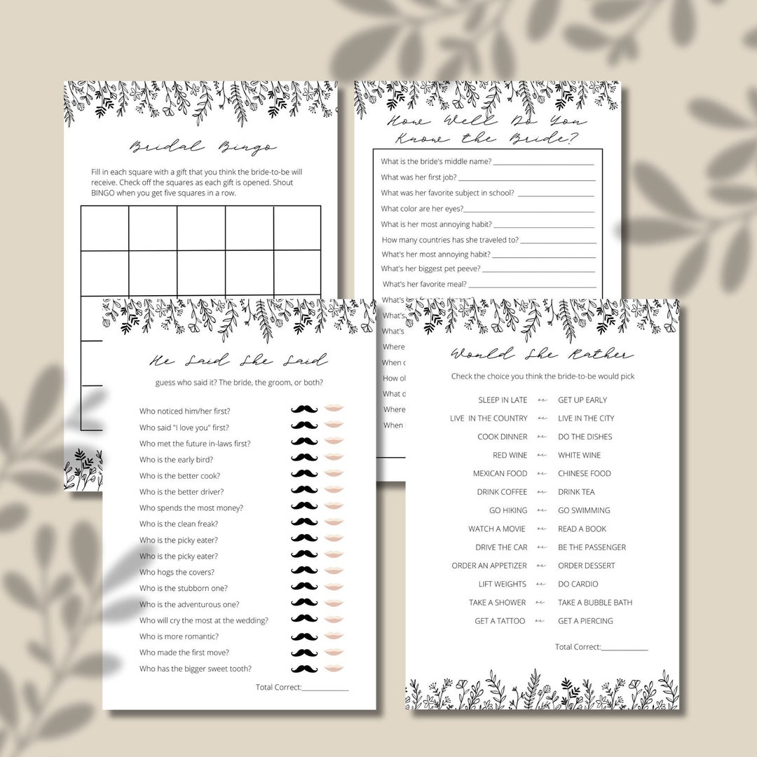 Bridal Shower Games Printables, Simple Floral Theme Bridal Shower Games