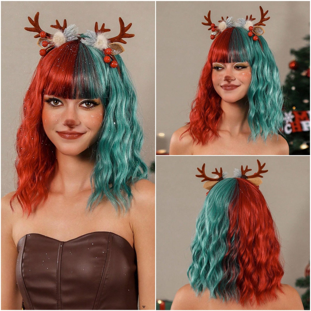 Christmas Wig,half Red and Green Wig,cosplay Christmas Costume
