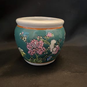 VTG Small Porcelain Planter, Multicolor Floral Cache Pot