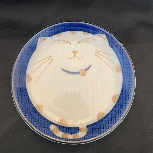 Warai Neko Smiling Cat Porcelain Noodle Rice Bowl Blue Japan