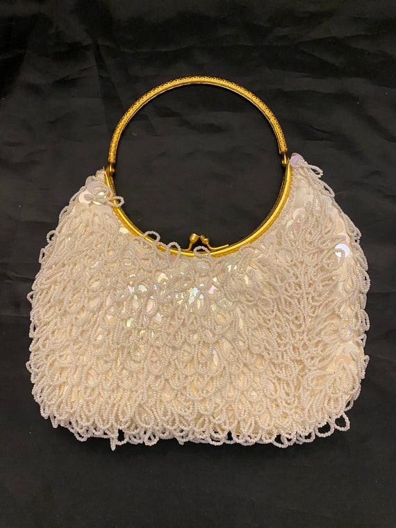 VTG Beaded and Sequined White Iridescent Clutch Pu