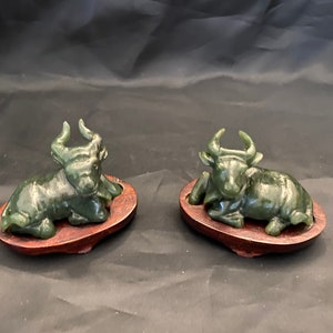 PAIR Carved Jade Water Buffalo Figure on Wooden Base