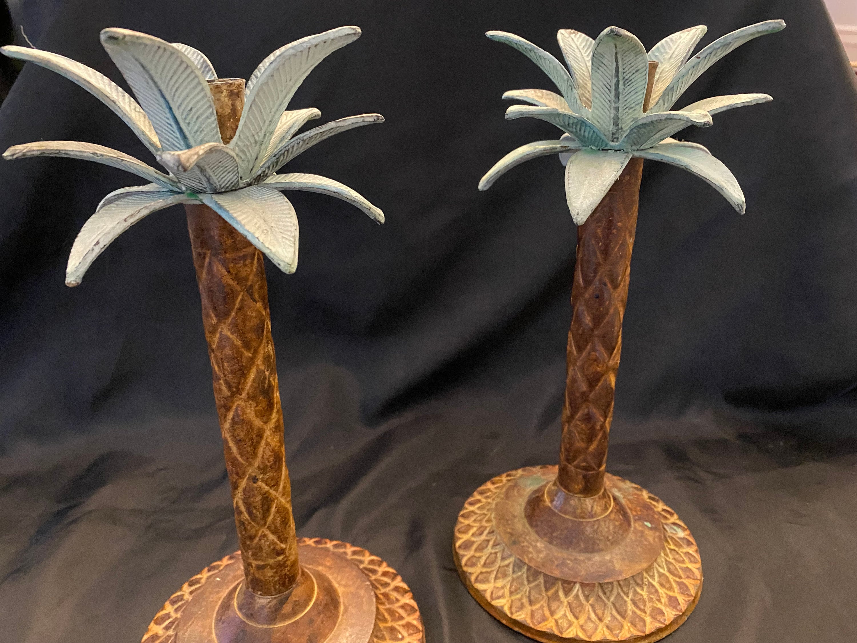 Pair of 2 Vintage Palm Tree Frond Leaf Brass Taper Candle Stick