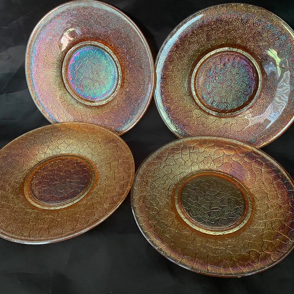 Imperial Glass Marigold Crackle Carnival Glass 6" Amber Luster Plates / Saucers L.E. Smith - SET of 4