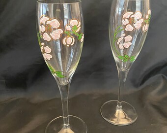 Perrier Jouet France Hand Painted Floral Pattern Champagne Flutes SET OF 2