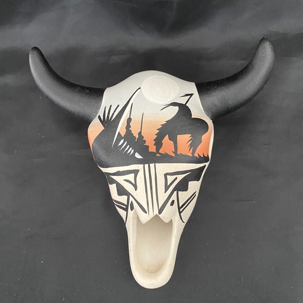 SIGNED Authentic Navajo Hand Painted Pottery Bison Skull