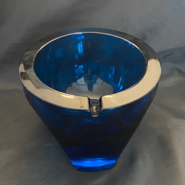 MCM Viking Glass Cobalt Blue Glass Orb Tripod Ashtray