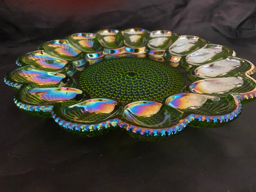 Indiana Carnival Glass Deviled Egg Plate Iridescent Green Etsy