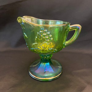 Indiana Glass Small Green Iridescent Footed Pitcher