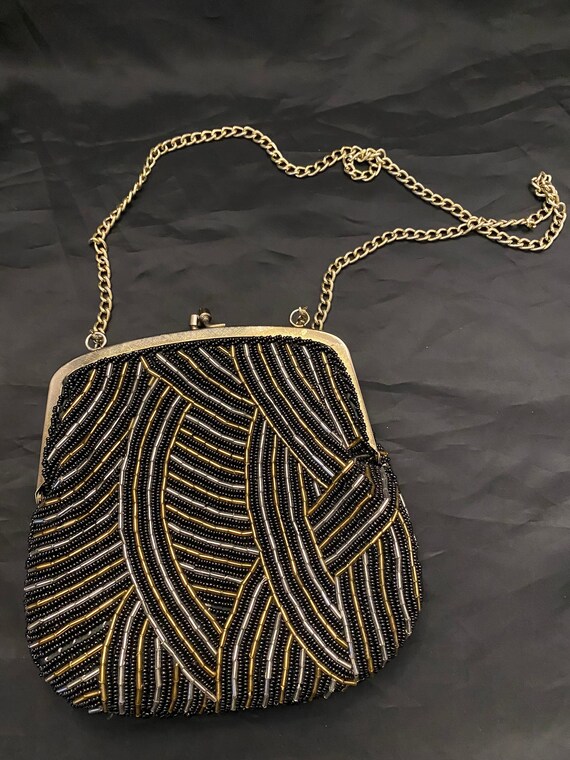 VTG La Regale Black Silver and Gold Beaded Purse