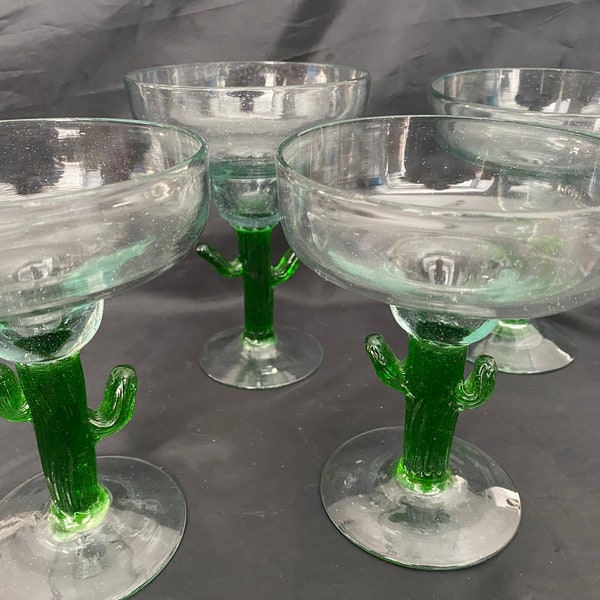 VTG Mexican Hand-Blown Cactus Stemmed 10 Ounce Margarita Glasses