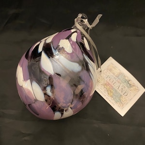 Zorza Hand Blown 5&quot; Glass Ornament, Made in Poland, Purples, White Mosaic Teardrop