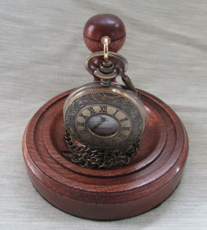 Compact Pocket Watch Glass Display Dome Stand in Mahogany, Dark Oak or