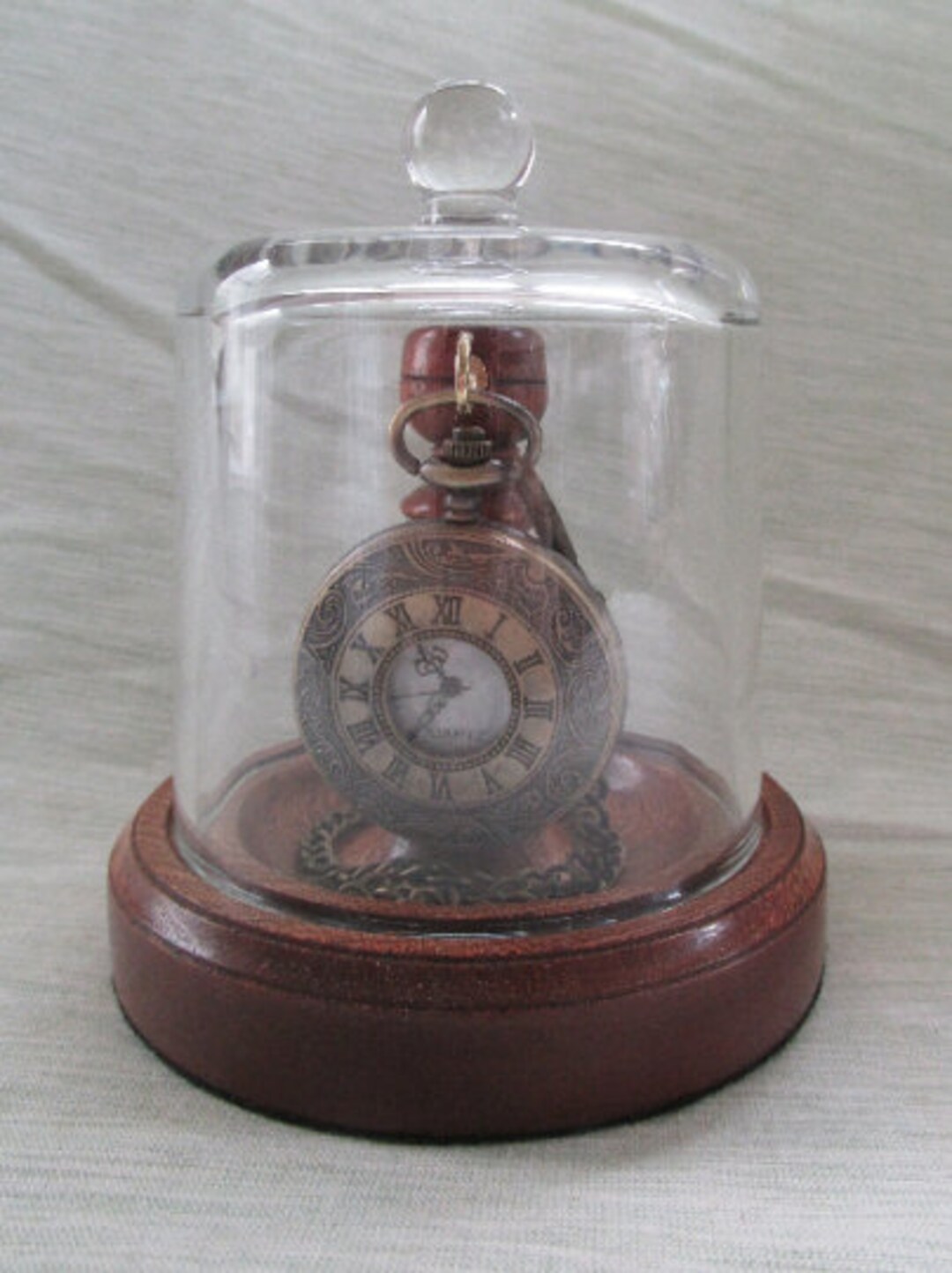 Compact Pocket Watch Glass Display Dome Stand in Mahogany, Dark Oak or