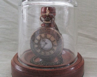 Compact Pocket Watch Glass Display Dome Stand in Mahogany, Dark Oak or Light Oak