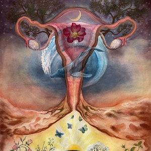 Può includere: Dipinto ad acquerello raffigurante un sistema riproduttivo femminile stilizzato con un fiore, una balena e farfalle. L'opera presenta uno sfondo celeste con una luna crescente e stelle e una ciotola di fiori in basso.