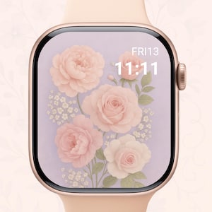 Sfondo romantico floreale per Apple Watch: rose rosa tenui e gypsophila su quadrante color lavanda, estetica pastello